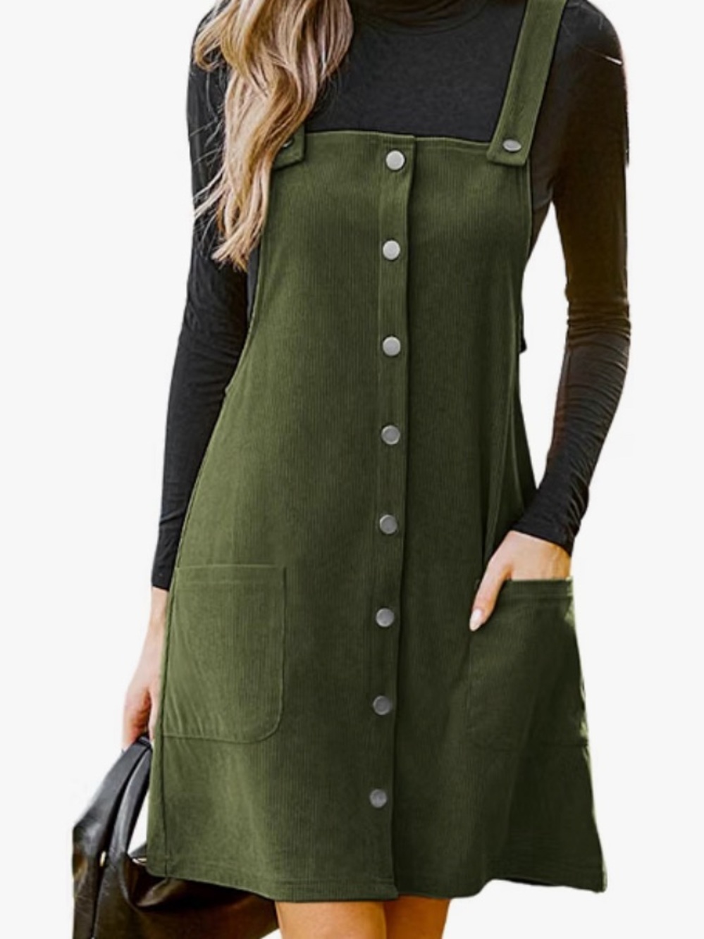 Olive Green Button-Front Pinafore Dress